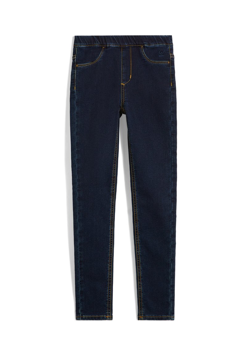 Jeans skinny blu scuro con cinturino elastico, cuciture gialle, due tasche frontali e una texture di denim liscia.