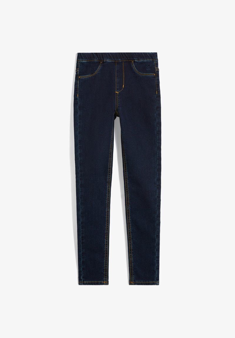 Jeans skinny blu scuro con cinturino elastico, cuciture gialle, due tasche frontali e una texture di denim liscia.