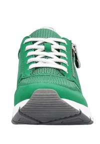 Green athletic shoes featuring a mix of mesh and synthetic material, with white laces, a zip closure, and a textured gray sole.