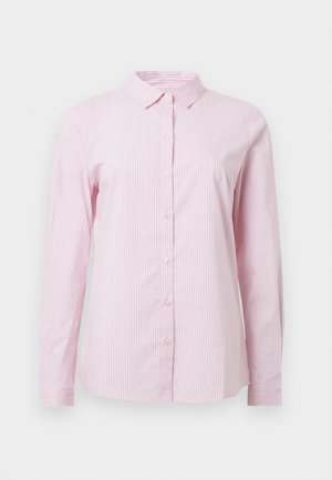 Camisa de botão rosa riscada com colarinho, mangas compridas e fecho frontal com botões. Feita de tecido leve com uma textura suave.