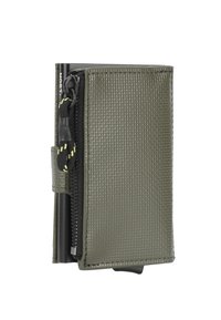 Compact groene portemonnee van textuurmateriaal, met een ritssluiting, kaartsleuven en een houder voor een pen, met zwarte en gele accenten.