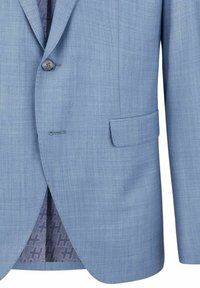 Helles blaues Blazer mit strukturiertem Stoff, Ein-Knopf-Verschluss und einer Brusttasche. Das Innenfutter mit Muster zeigt ein Logodesign.