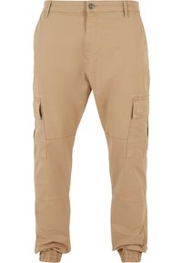 Pantalon cargo kaki en tissu tissé, doté de poignets élastiques, poches latérales et fermeture par bouton. Texture lisse et coupe décontractée.