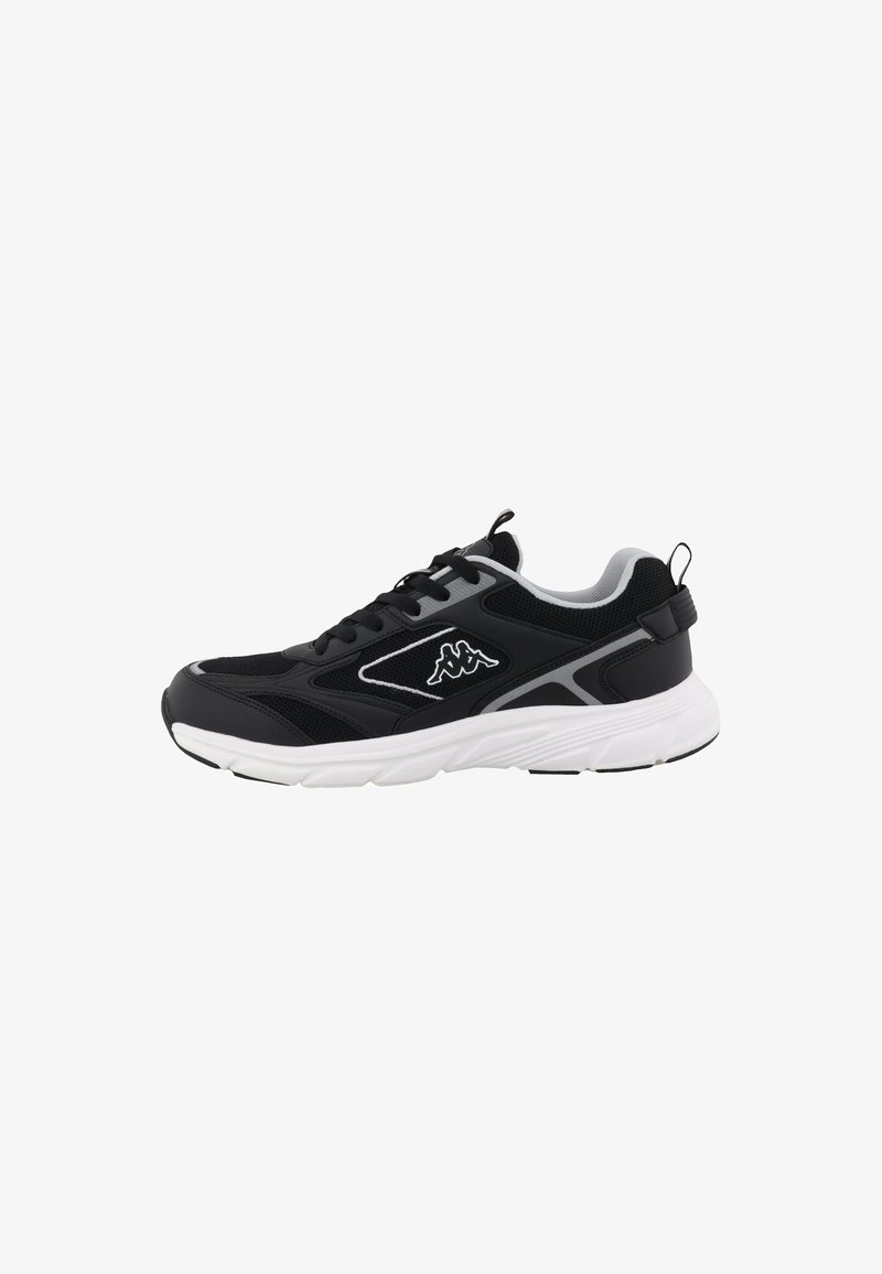 Black athletic sneaker with mesh fabric, white sole, and contrasting gray accents. Features round toe, lace-up design, and logo detail.