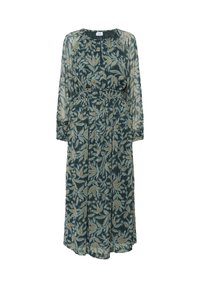 Tumma vihreä pitkähihaine mekko, jossa on beige ja vaaleansininen lehtikuvio, joustava vyötärö, kerätty hihansuu ja pyöreä kaula-aukko avaimenreijällä.