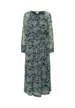 Abito lungo a maniche lunghe color verde scuro con motivo a foglie beige e azzurro chiaro, vita elastica, polsini arricciati e scollatura rotonda con fiocco a forma di chiave.