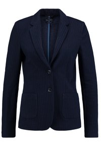 Laivastonsininen pinstripe-bleiseri, joka on valmistettu jämäkästä kankaasta. Siinä on lovikaulus, kaksi etutaskua ja yksirivinen nappikiinnitys.