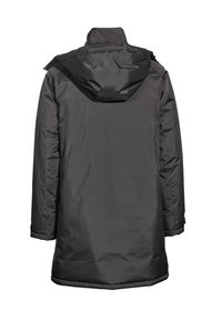 Czarna izolowana kurtka z kapturem, długimi rękawami, prostym krojem i gładką powierzchnią. Brak widocznych elementów metalowych lub wzorów.