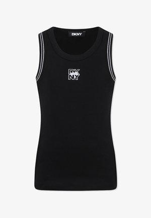 Débardeur sans manches noir en coton, avec un col rond et le logo DKNY en blanc. Accents rayés le long des épaules.