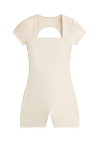 Combinaison courte beige avec manches courtes et une découpe carrée sous l'encolure, présentée sur fond blanc.
