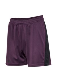 Paarse sportshorts met elastische tailleband en zwarte zijpanelen, ontworpen voor sport of casual gebruik.