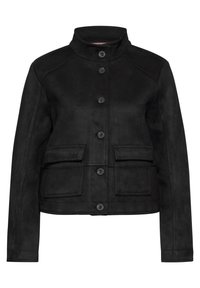 Svart mockajacka med hög krage, knappstängning fram och två fickor med klaff. Har en mjuk textur och skräddarsydd passform.