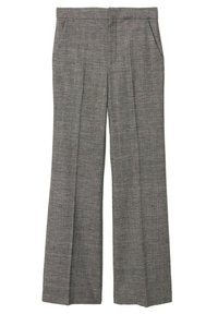 Pantalon sur mesure à carreaux gris avec jambes droites et poches latérales, posé à plat sur fond blanc.