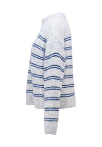 Grauer Strickpullover mit blauen horizontalen Streifen, ausgestattet mit einer lockeren Passform, Rundhalsausschnitt und gerippten Bündchen. Weicher Stoff, Ärmel in mittlerer Länge.