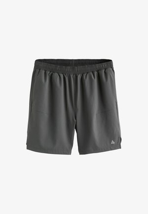 Grå træningsshorts med elastisk talje, to sidelommer og et logo på den nederste højre søm. Lavet af et let, glat materiale.