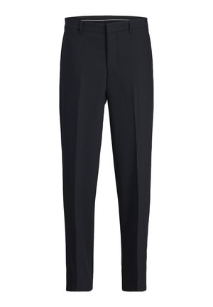 Pantalones negros confeccionados a medida con un diseño de pierna recta, que cuentan con un frente plano, trabillas para cinturón y una textura suave. Sin patrones ni adornos visibles.