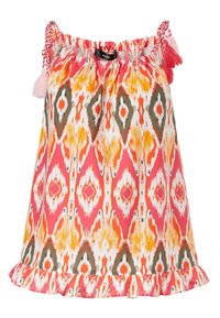 Haut sans manches multicolore avec un col smocké, présentant un motif ikat vibrant en rose, orange et vert, terminé par un ourlet froncé.