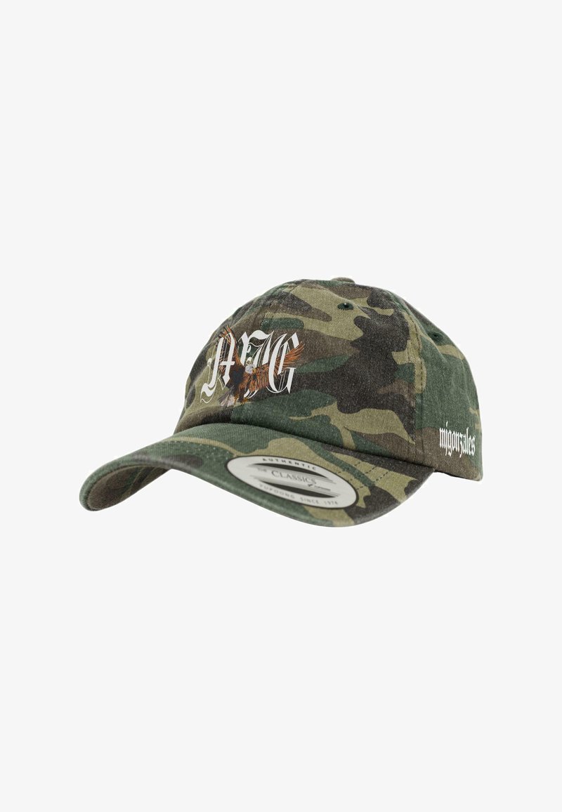 Camo baseball cap featuring a white embroidered logo and an eagle design on the front, made of cotton fabric with a curved visor.