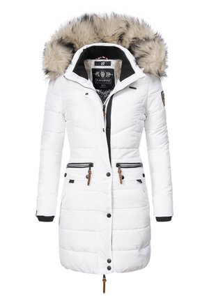 White winter jacket with faux fur-lined hood, zippered front, two front pockets with black details, and ribbed cuffs. Padded design for warmth.