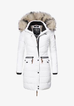 White winter jacket with faux fur-lined hood, zippered front, two front pockets with black details, and ribbed cuffs. Padded design for warmth.