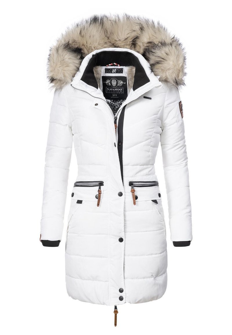 White winter jacket with faux fur-lined hood, zippered front, two front pockets with black details, and ribbed cuffs. Padded design for warmth.