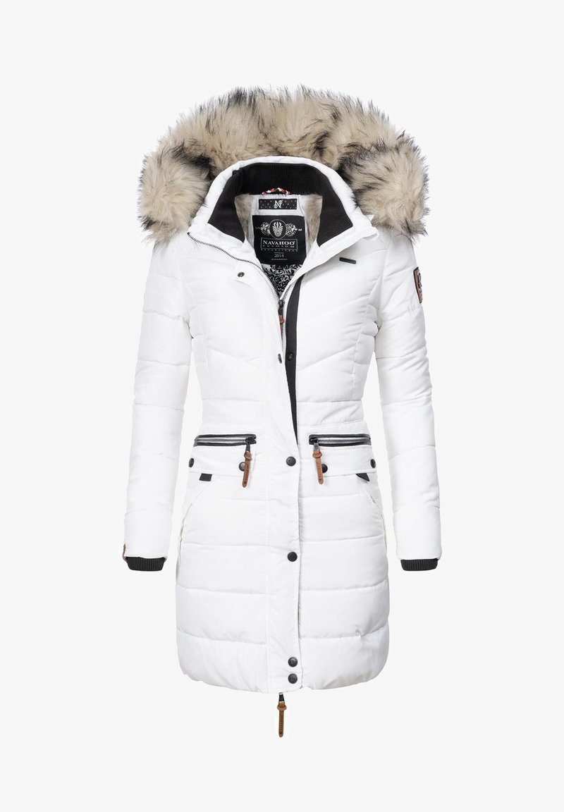 White winter jacket with faux fur-lined hood, zippered front, two front pockets with black details, and ribbed cuffs. Padded design for warmth.