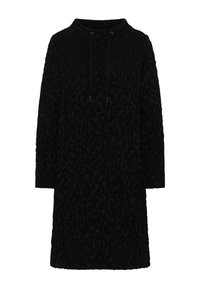 Musta mekko, jossa on korkea kaulus, puolipitkät hihat ja kiristysnauhat. Mekossa on teksturoitu leoparikuosi kauttaaltaan.