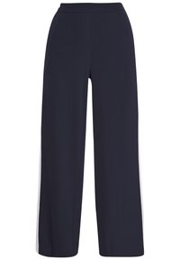 Mörkblå vida byxor i en slät tygkvalitet, med en enfärgad yta och kontrasterande sidostråk, elastisk midja och fotlång längd.