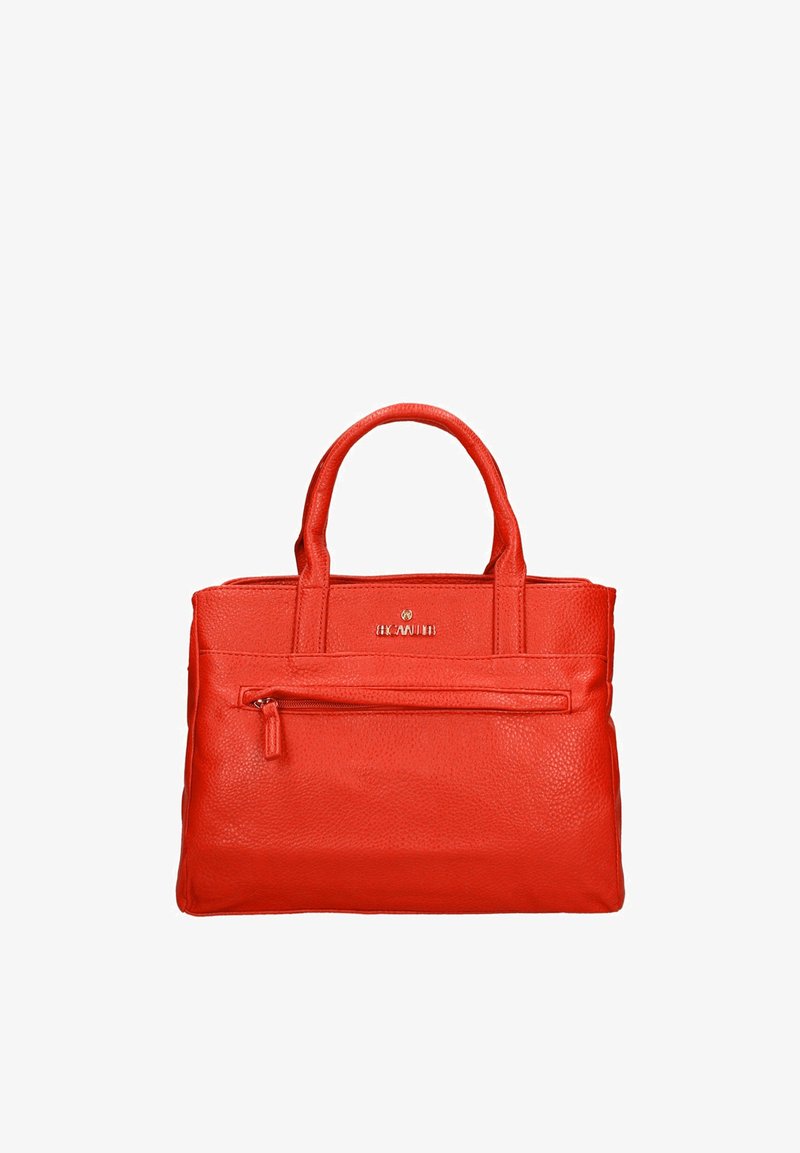 Sac à main en cuir rouge texturé avec deux anses, poche frontale zippée et petit détail de logo doré au-dessus de la poche.