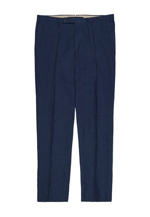 Pantalones de vestir entallados en azul marino con pliegues frontales, trabillas para cinturón, bolsillos laterales y cierre con botón en la cintura.