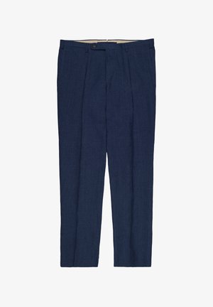 Pantalones de vestir entallados en azul marino con pliegues frontales, trabillas para cinturón, bolsillos laterales y cierre con botón en la cintura.