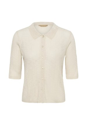 Cardigan en maille beige à manches courtes avec col et fermeture avant par boutons, tissu texturé et silhouette ajustée.