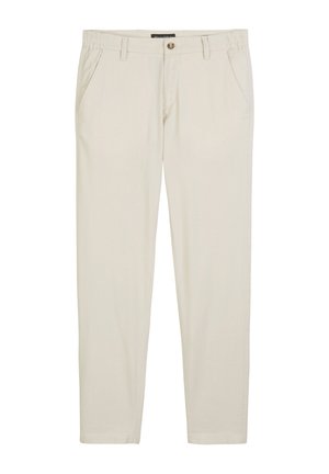 Beige trousers featuring an elastic waist, front pockets, a single button closure, and straight legs with a smooth texture.
