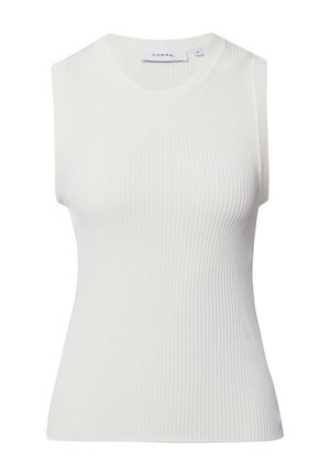 Weißes ärmelloses Oberteil aus strukturiertem Stoff. Hat einen runden Halsausschnitt und eine enganliegende Silhouette. Einfaches Design ohne sichtbare Muster oder Akzente.