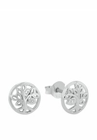 Pendientes de plata con un diseño circular de árbol calado, adornados con pequeñas hojas y una gema transparente en cada uno.