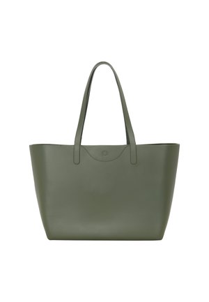 Isoi oliivinvihreä laukku, jossa on kaksi pitkää kahvaa ja pieni pyöreä napin suljinta edessä.