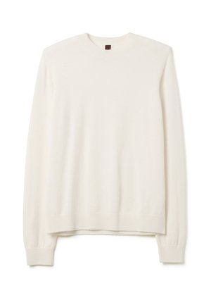 Pull long à manches longues blanc avec col rond, à bords côtelés, posé à plat sur un fond blanc.