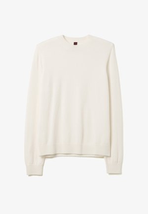 Suéter blanco de manga larga y cuello crew, con puños y dobladillo de canalé, colocado sobre un fondo blanco.