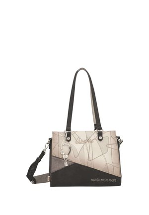 Borsa rettangolare beige e nera con design astratti a linee, doppi manici, tracolla removibile, portachiavi e testo «La conoscenza mi rende potente».