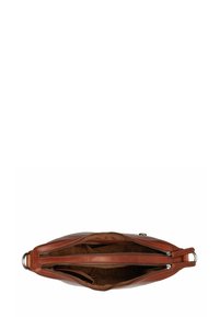 Borsa a tracolla in pelle marrone con due scomparti con zip, texture liscia e fodera interna beige. Presenta dettagli hardware circolari.
