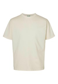 T-shirt z krótkim rękawem i okrągłym dekoltem w jasnobeżowym kolorze wykonany z bawełny. Charakteryzuje się minimalistycznym wzorem bez wzorów ani widocznych logo. Gładka faktura.