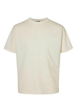 Majica s kratkimi rokavi in okroglim izrezom iz svetlo bež bombaža. Ima minimalističen dizajn brez vzorcev ali vidnih logotipov. Gladek sijaj.