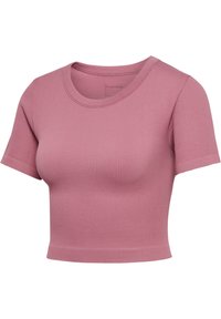 Geribbelde, korte mouwen crop top in zachtroze. Heeft een ronde halslijn en een aansluitend ontwerp. Gemaakt van rekbare stof voor comfort.