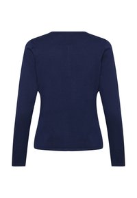 Langärmliger Navy-Pullover mit rundem Ausschnitt, aus geripptem Stoff. Er zeichnet sich durch eine figurnahe Passform und eine glatte Textur aus.