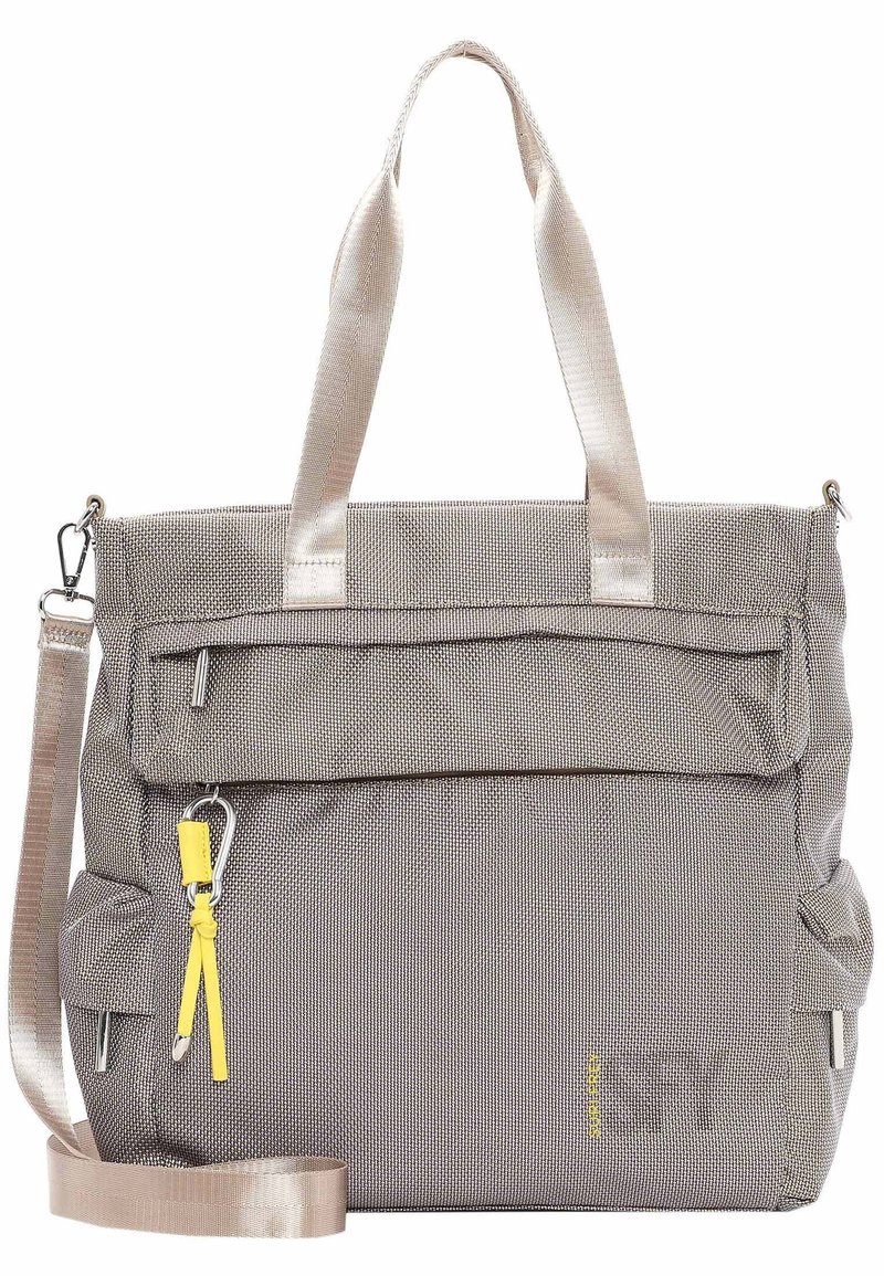 Sac en tissu gris avec une tirette de fermeture éclair jaune lisse en contraste, deux poignées supérieures et une bandoulière ajustable ; il comporte une poche zippée à l'avant.