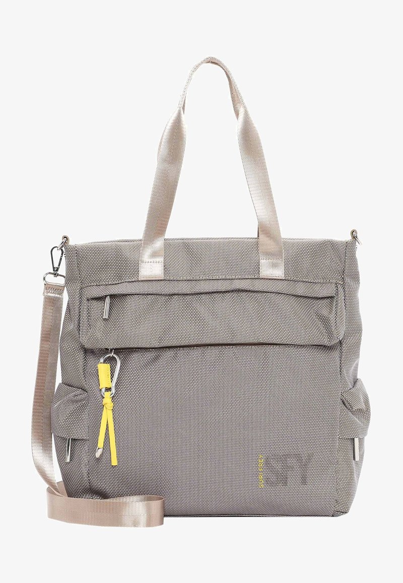 Borsa in tessuto grigio con cerniera gialla liscia a contrasto, doppi manici superiori e tracolla regolabile; presenta una tasca frontale con cerniera.
