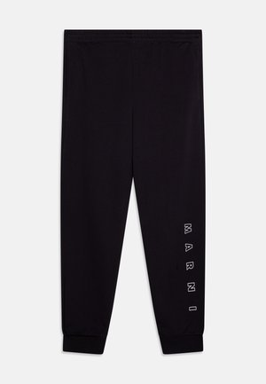 Schwarze Sweatpants mit lockerer Passform, elastischem Bund, seitlichen Taschen und bedrucktem "MARNI"-Text entlang des linken Beins in Weiß.