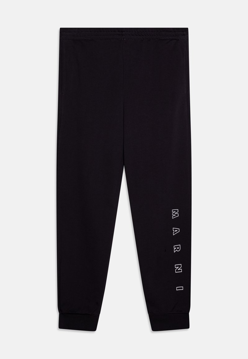 Pantalones de chándal negros con un corte relajado, cinturilla elástica, bolsillos laterales y el texto impreso "MARNI" en blanco a lo largo de la pierna izquierda.