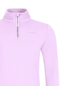 Svetlofialová polovičná zipsová mikina s vysokým golierom, dlhými rukávmi a decentným logom na hrudi; hladká, elastická tkanina.