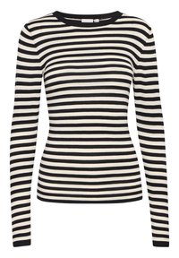 Svart- och vitrandig långärmad topp med rund halsringning och åtsittande design. Tillverkad av ett mjukt stickat material och har jämna horisontella ränder.